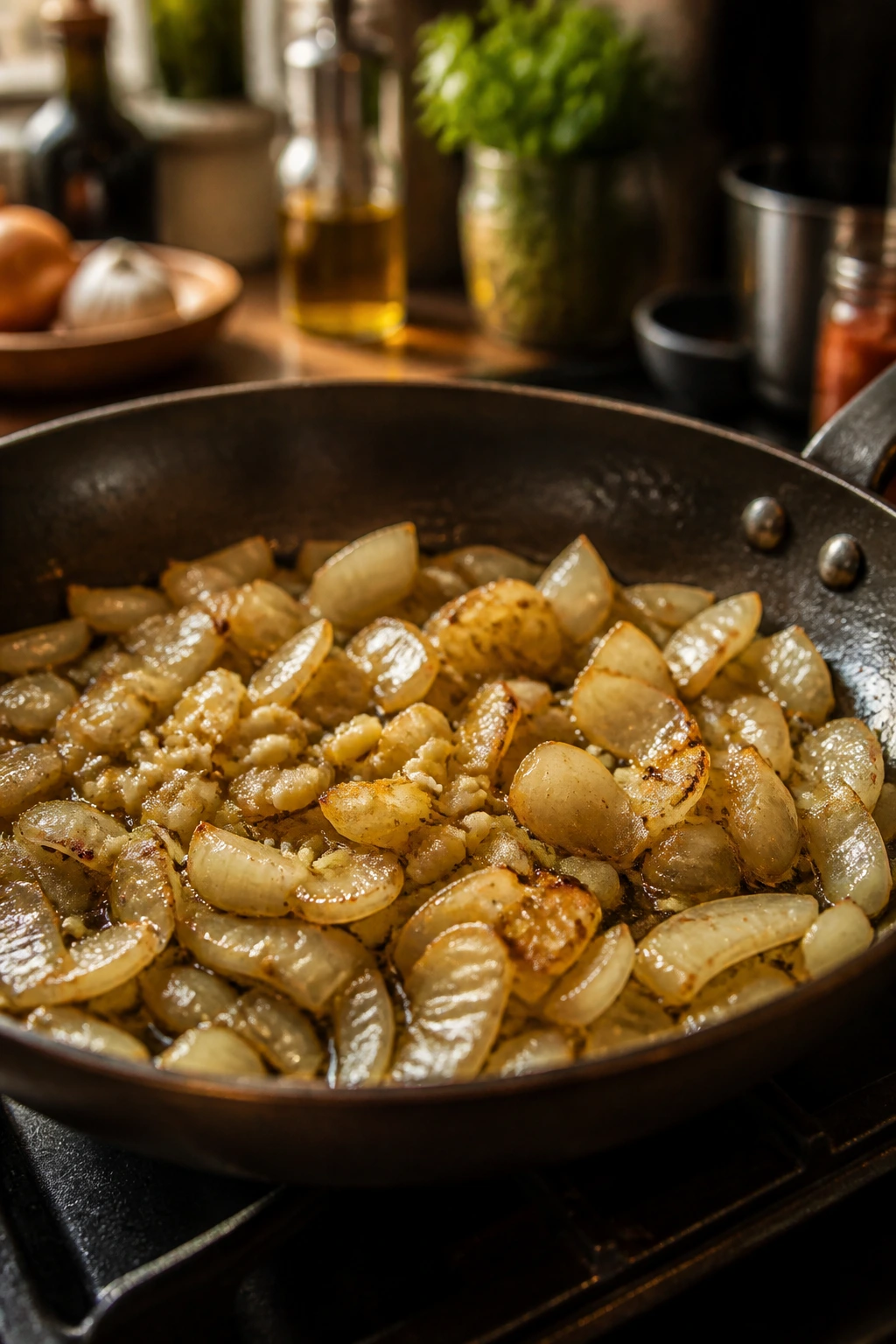 Close-up of onion and garlic sautéing in olive oil in a skillet on a stove