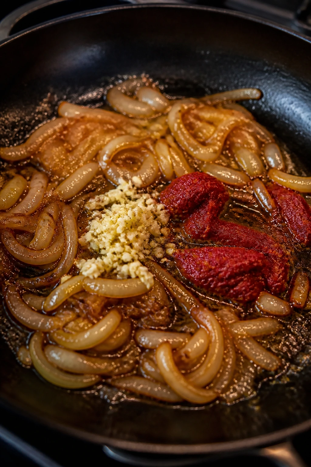 Skillet with onions, garlic, and tomato paste browning in oil