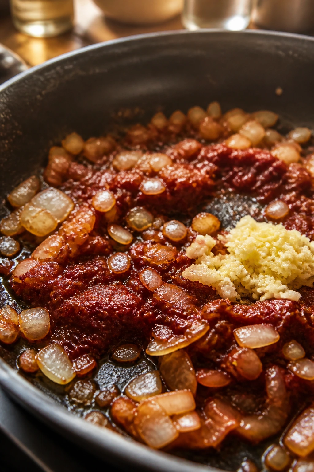Onions and tomato paste forming a flavor base in a pan