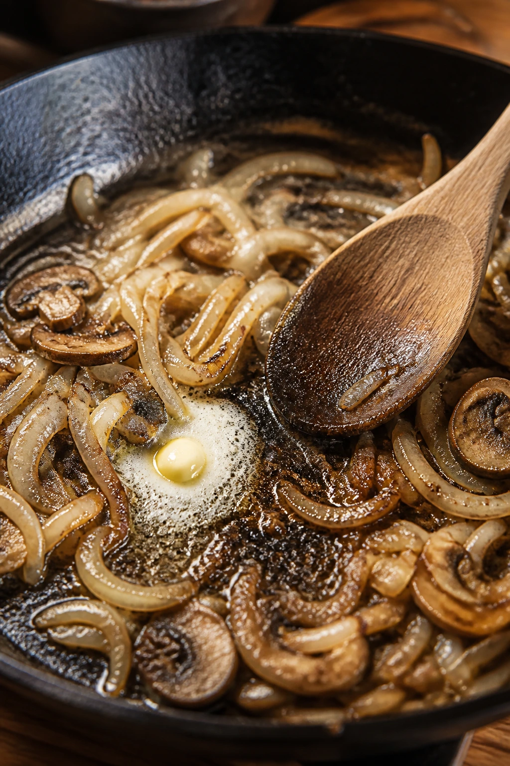 Skillet with onions caramelizing in butter and forming onion gravy