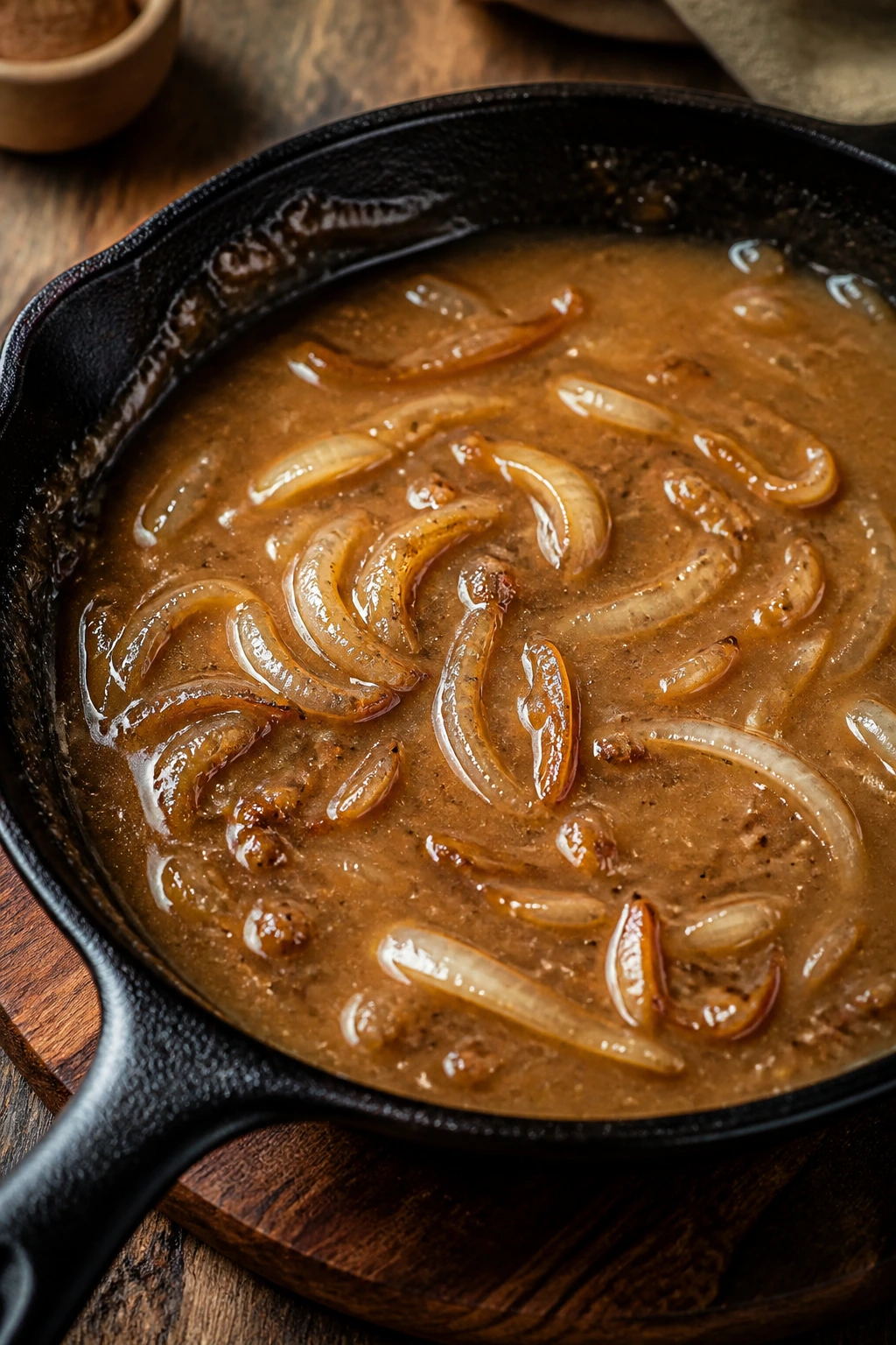 Close-up of glossy onion gravy in a cast-iron skillet with caramelized onions
