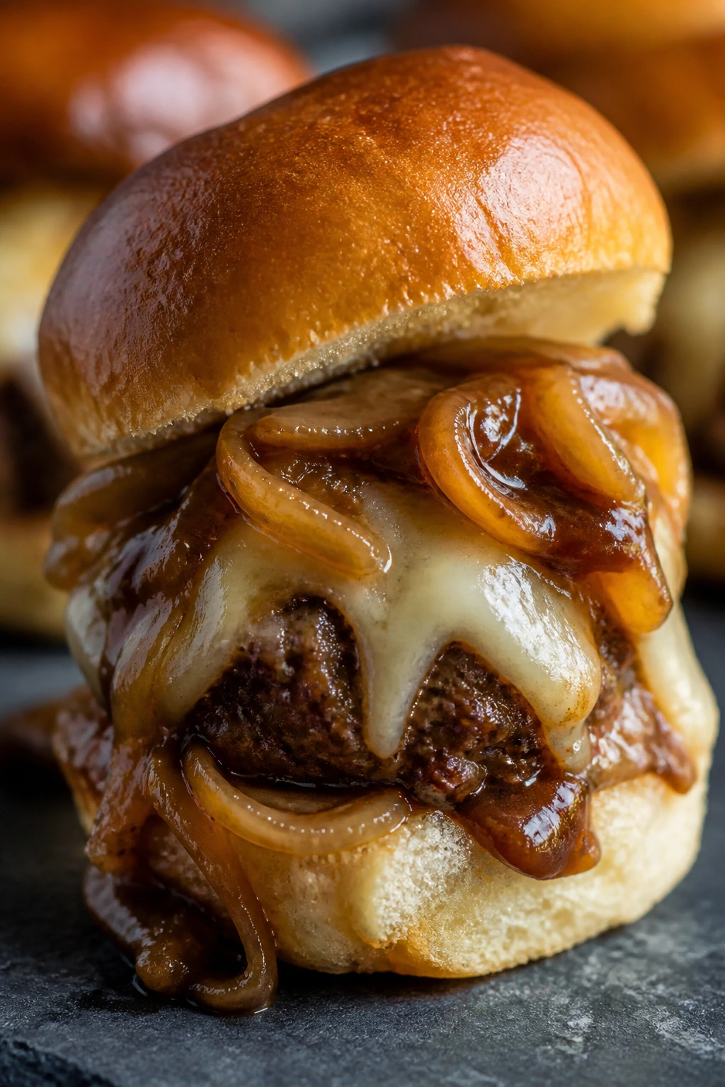 Slider with French onion gravy and Swiss cheese on a slate board