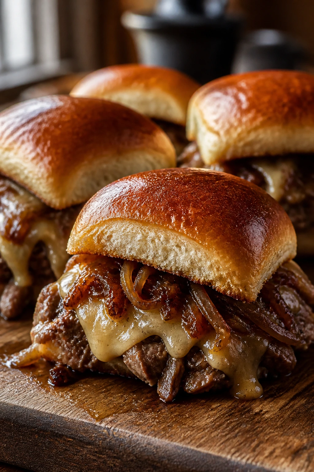 Close-up of French Onion Gruyère Sliders with caramelized onions and Gruyère cheese