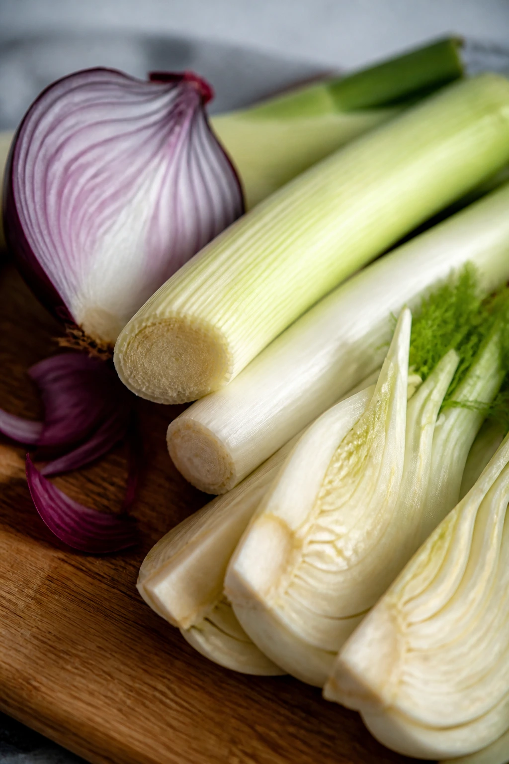 Close-up of onions, leeks, and fennel on cutting board