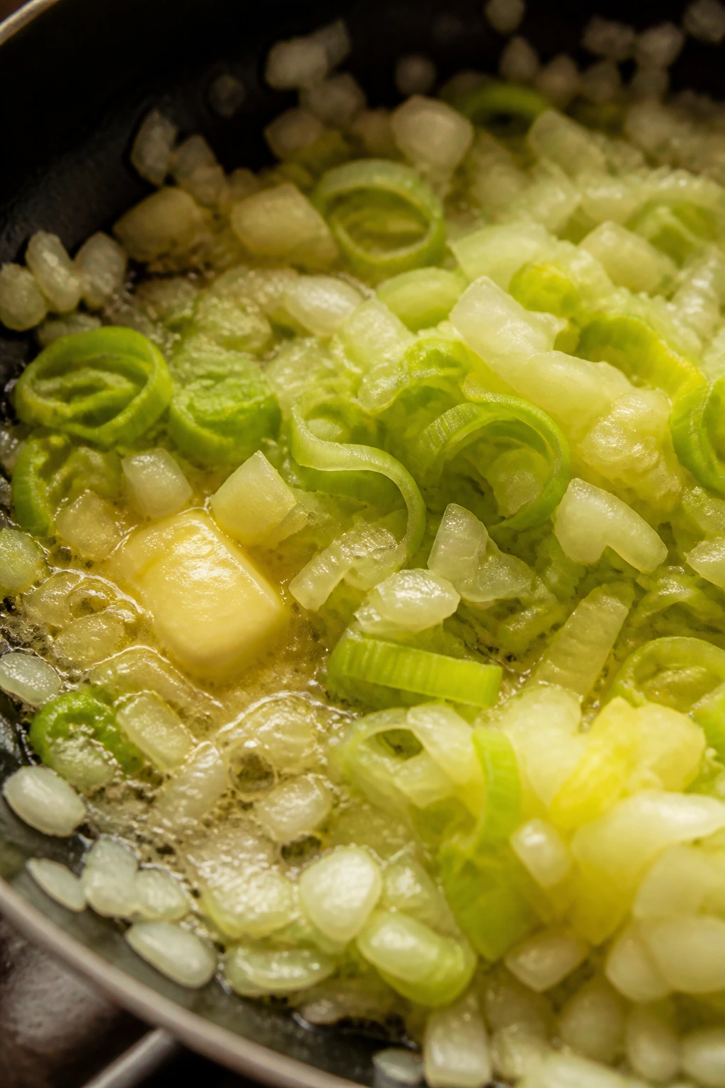 Diced onion and sliced leeks browning in a buttered skillet