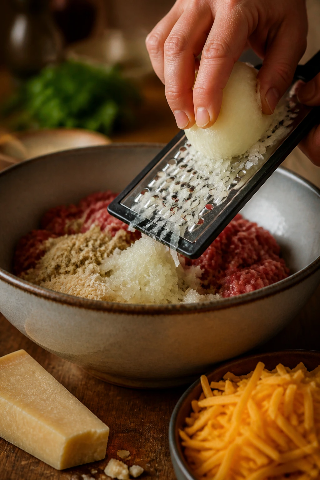 Grating onion into a mixing bowl with cheese nearby.