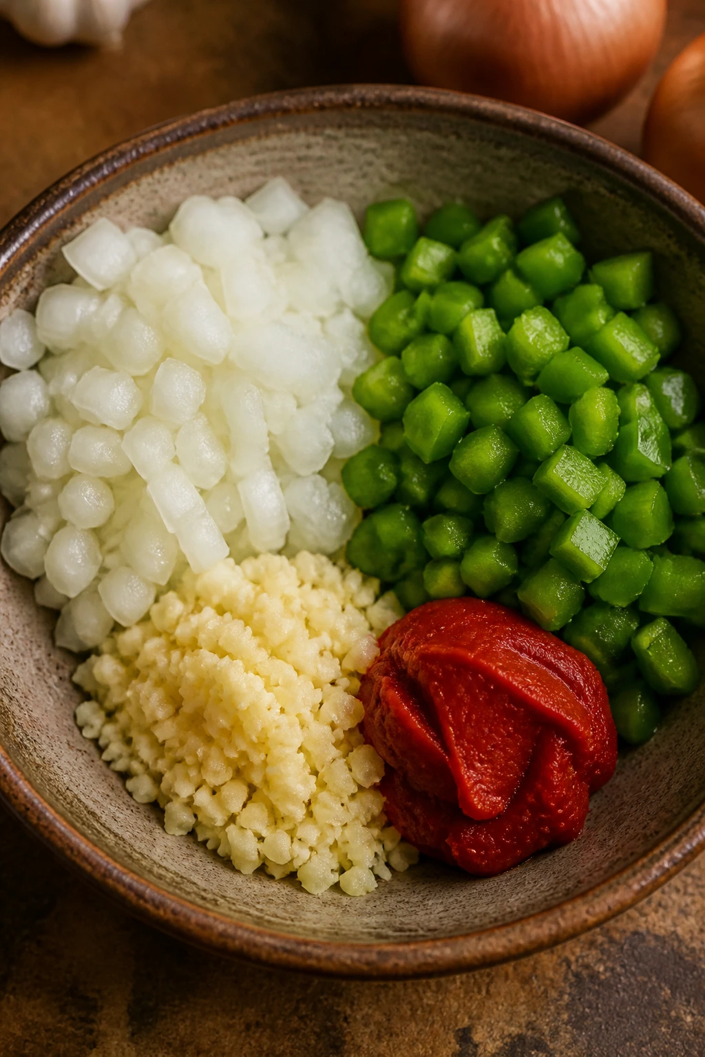 Backbone ingredients in a bowl: onion, pepper, garlic, tomato paste