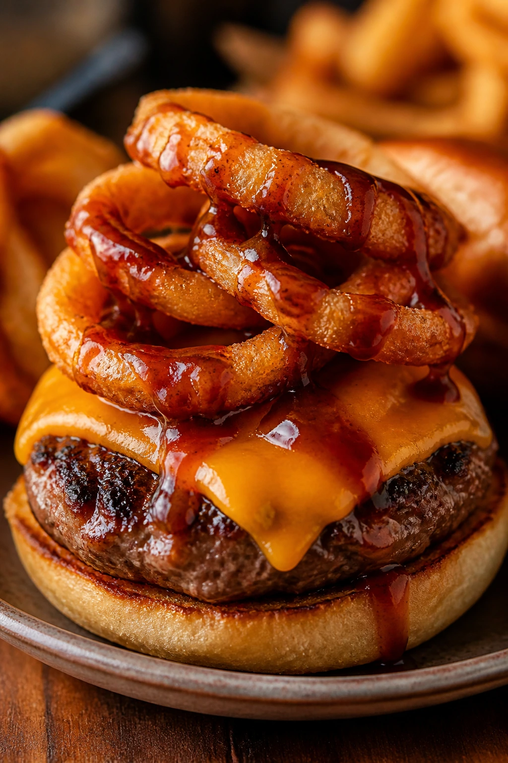 Burger with onion rings and cheddar under BBQ glaze on wooden plate