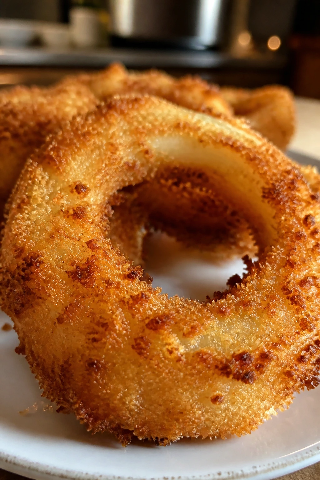 Close-up of a crispy onion ring with panko coating.