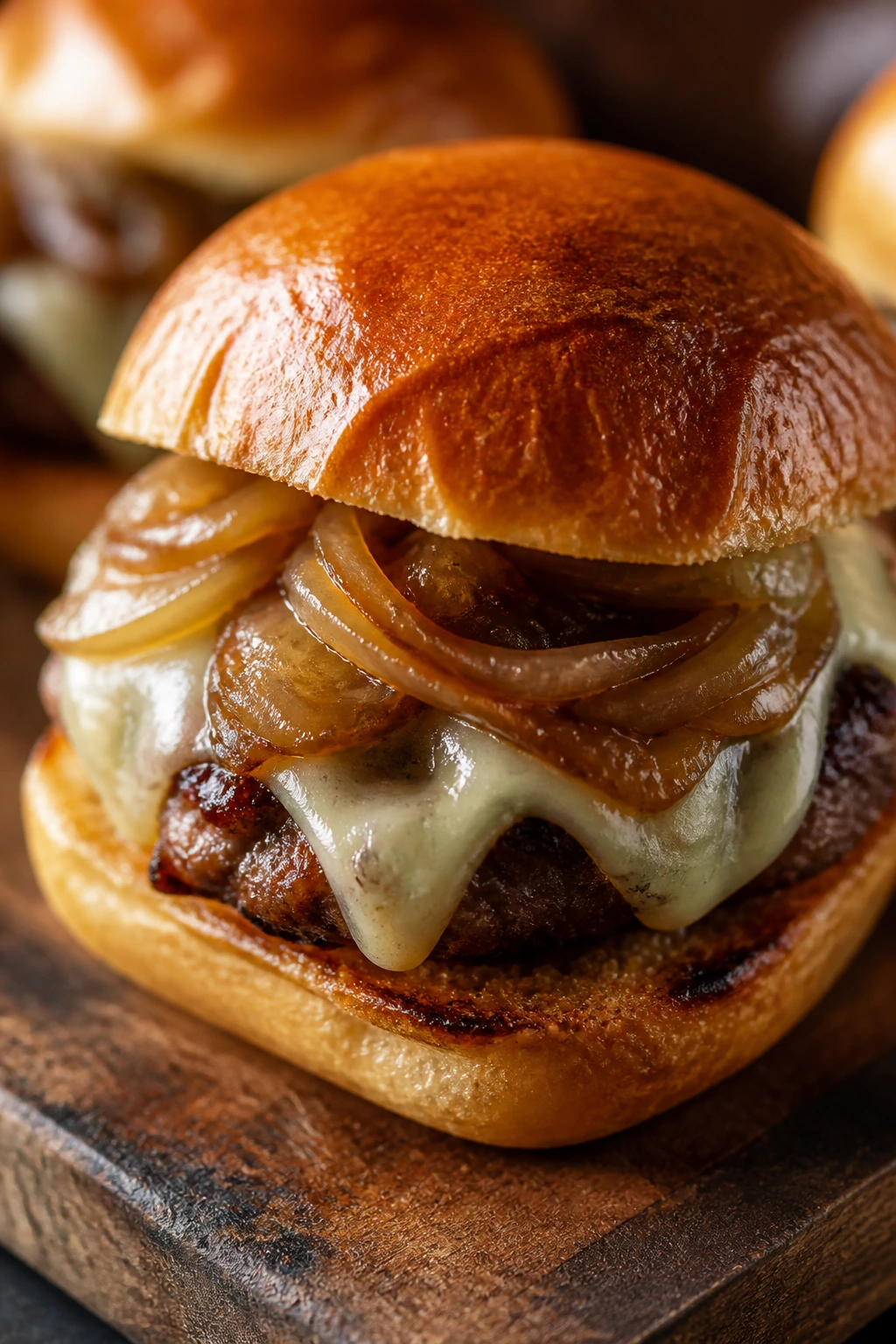 Close-up of French Onion Slider with Gruyere, caramelized onions and melted cheese on a toasted bun