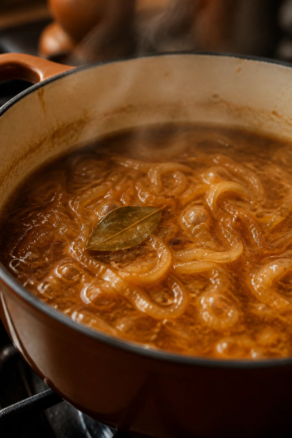 Pot of brothy onion soup with golden onions