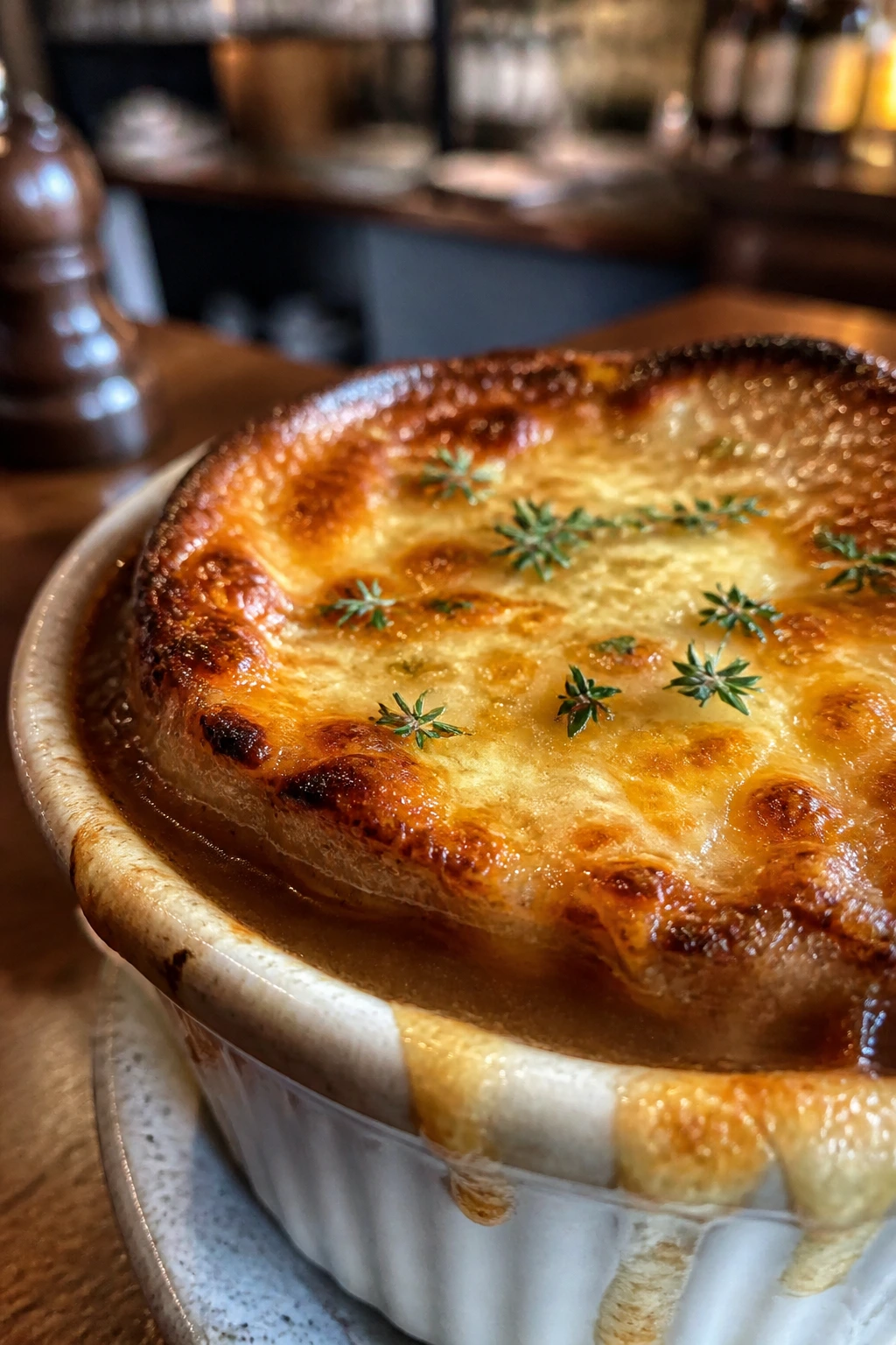 Close-up of French onion soup in a ramekin with a melted cheese crust.