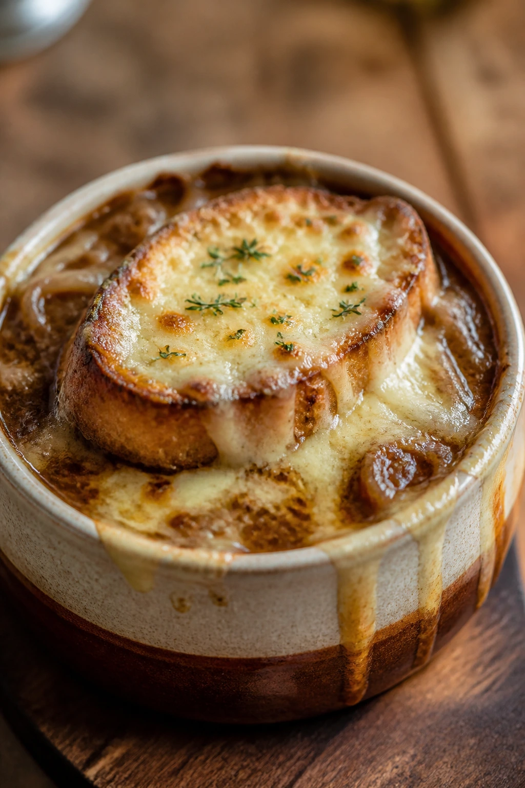 French onion soup with cheese-topped bread on a rustic table
