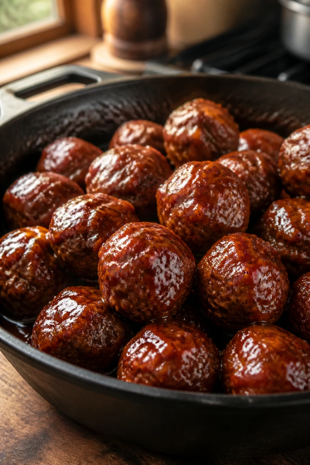 Close-up of Onion Soup Mix BBQ Meatballs in a skillet with onion-soup glaze