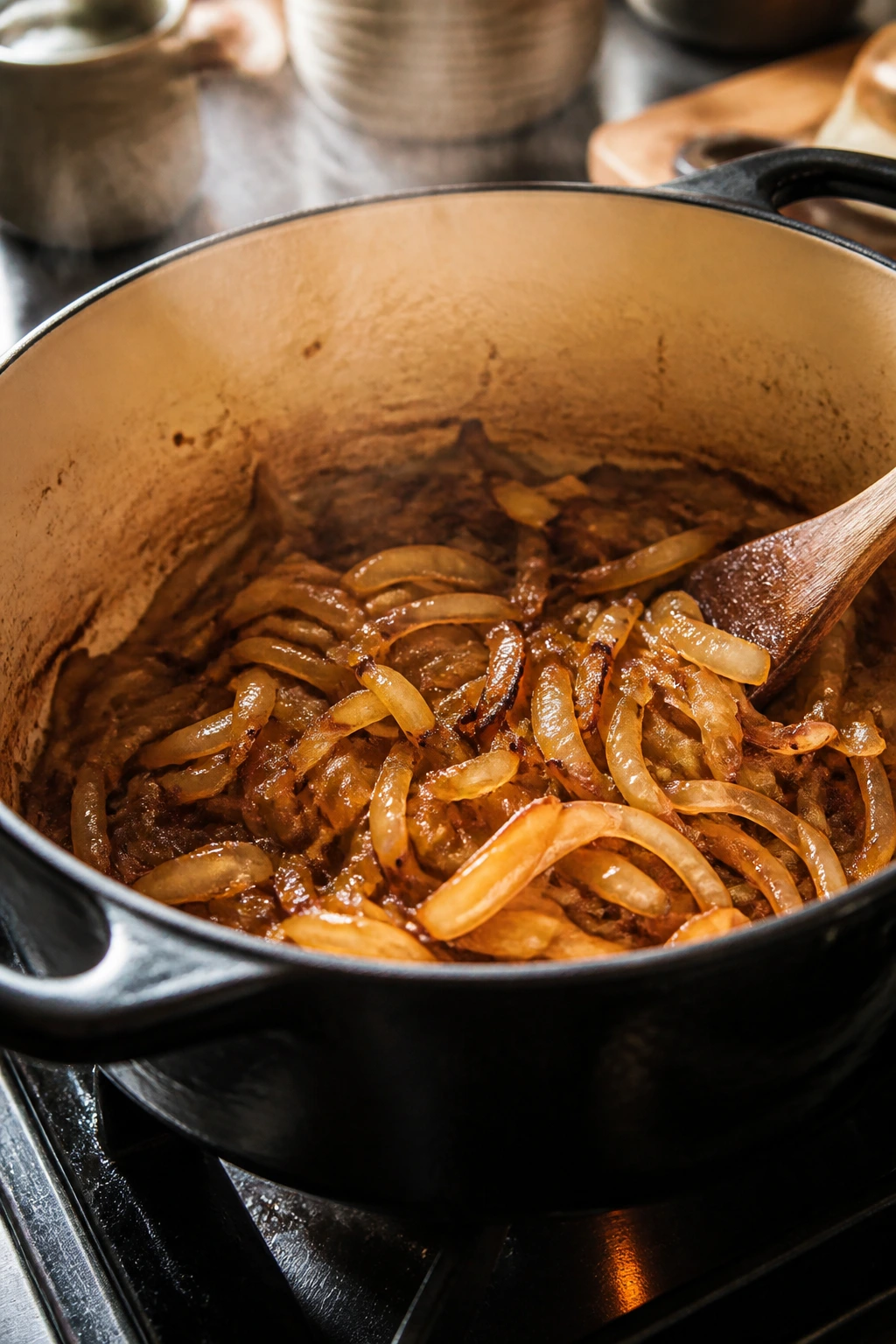 Close-up of a Dutch oven browning onions for one-pot soup