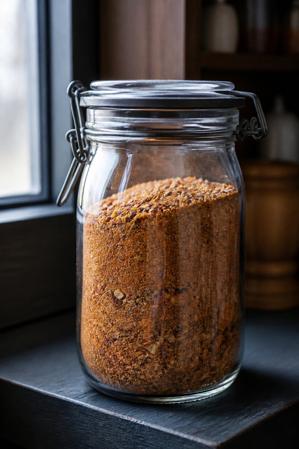 A glass jar of smoky onion soup mix on a pantry shelf