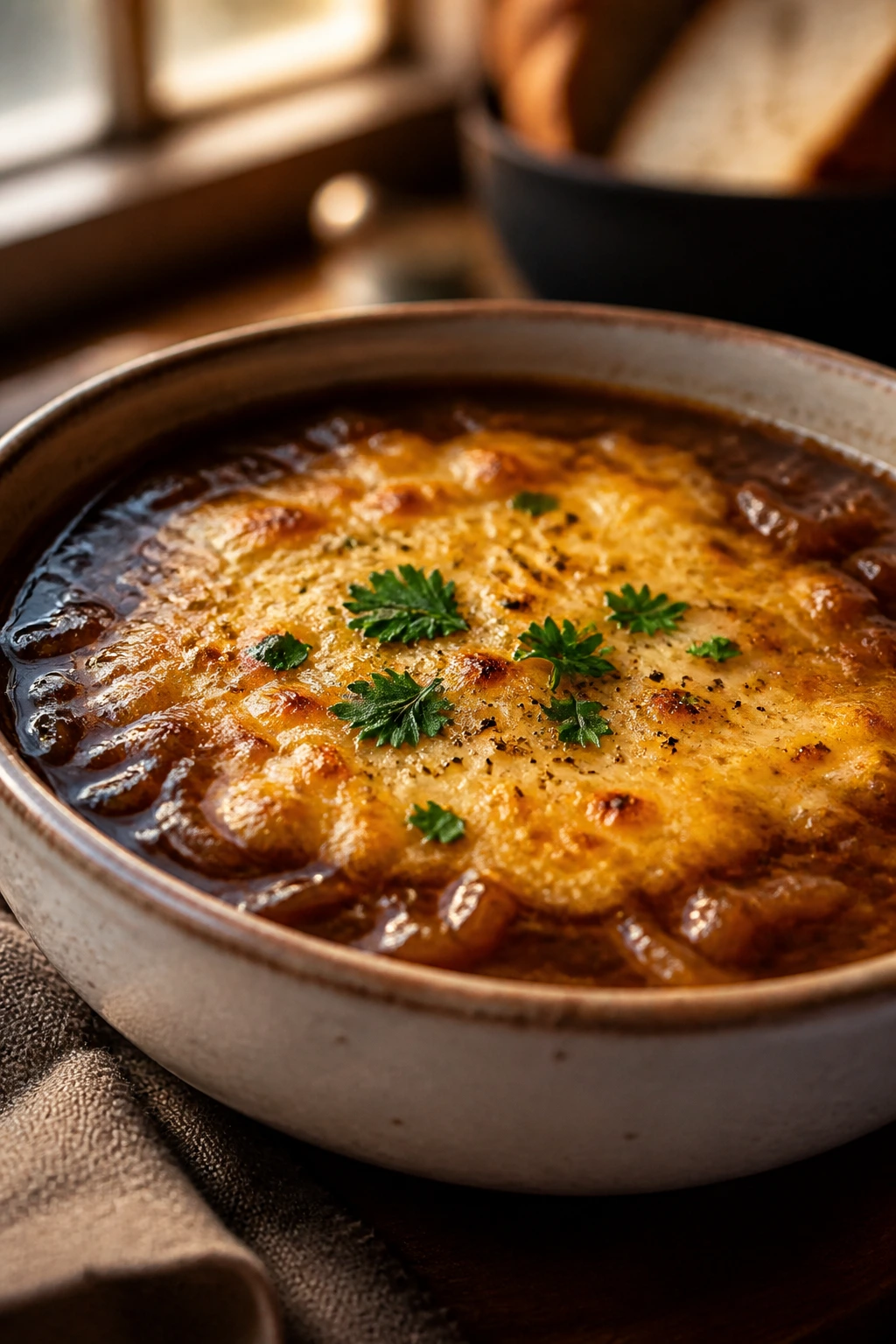 Close-up of smoky onion soup in a shallow bowl with cheese, parsley, and pepper on a cozy kitchen table