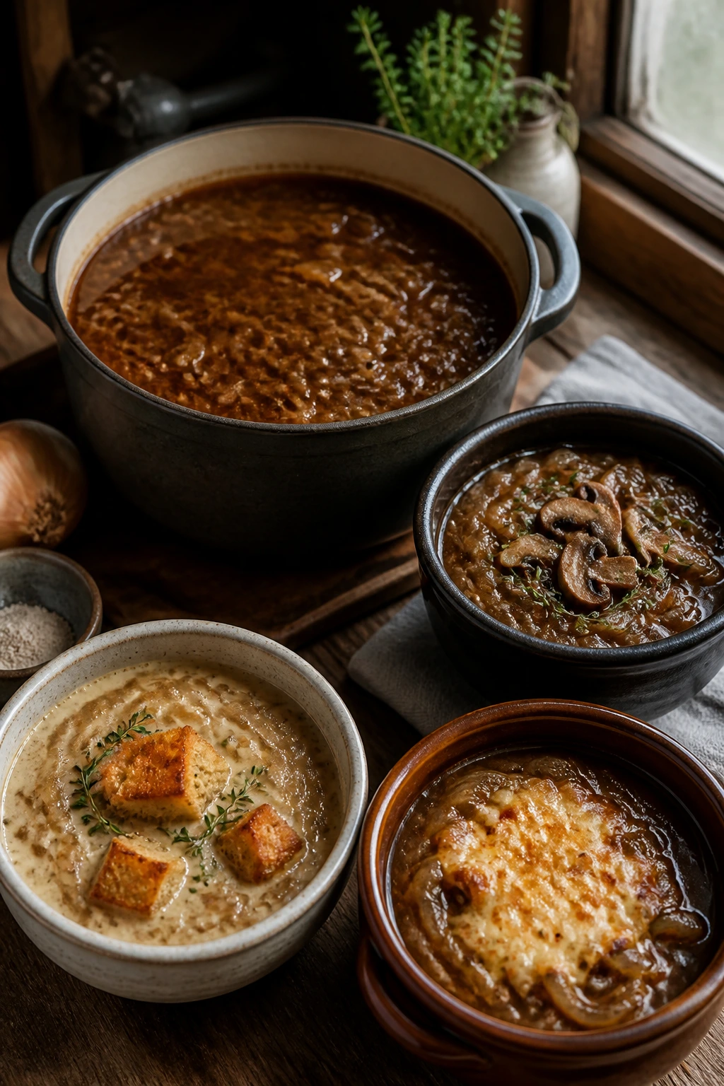 Rustic scene with onion soup variations: creamy, chipotle with cheese, and vegetarian mushroom powder finishes