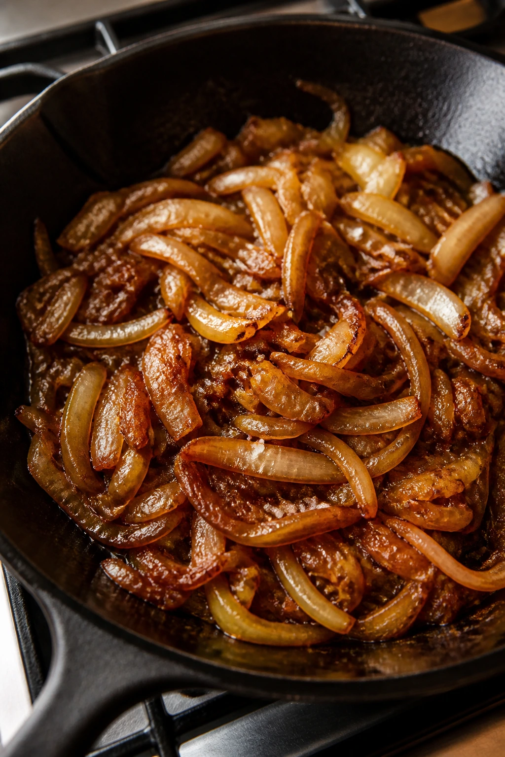 Close-up of caramelizing onions with amber edges in a skillet.