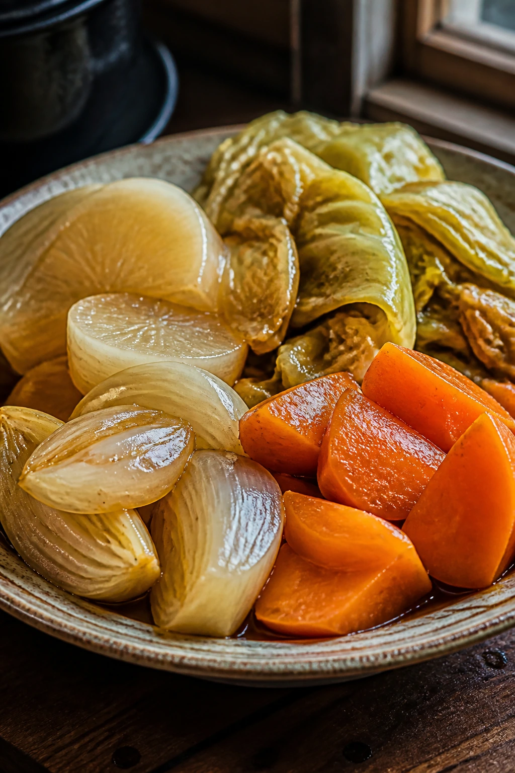 Bright vegetables like onion, carrot, cabbage, and daikon on plate