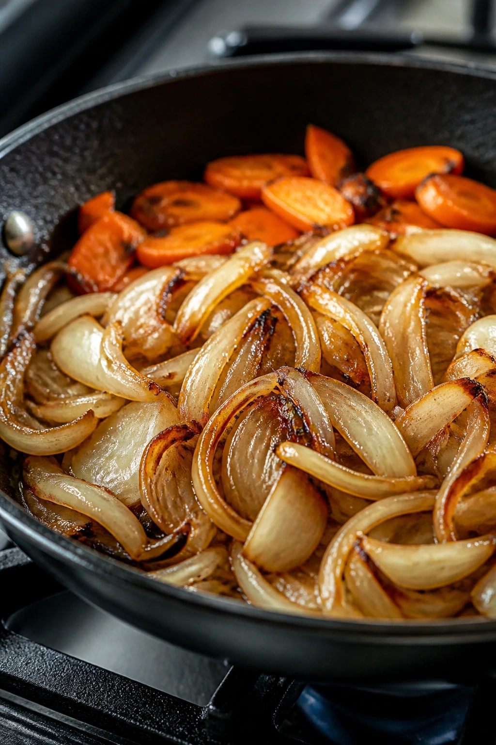 Close-up of yellow onions browning in a pan with carrot background.