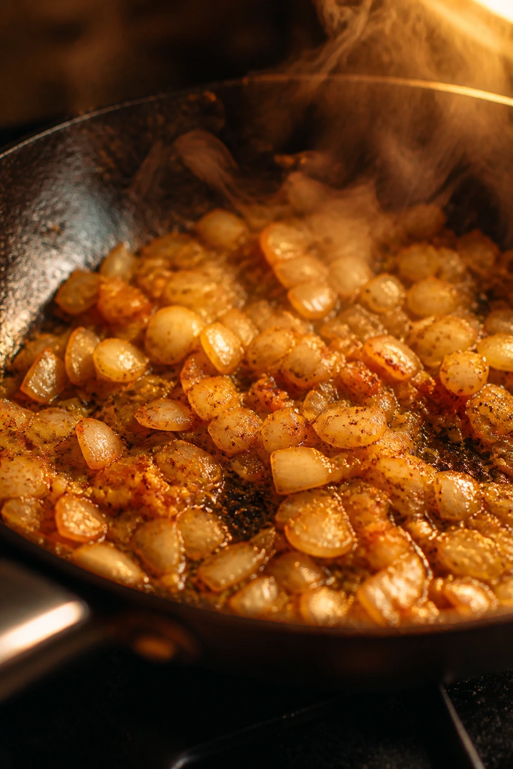 Onions sautéing in oil in a skillet with steam and warm light.