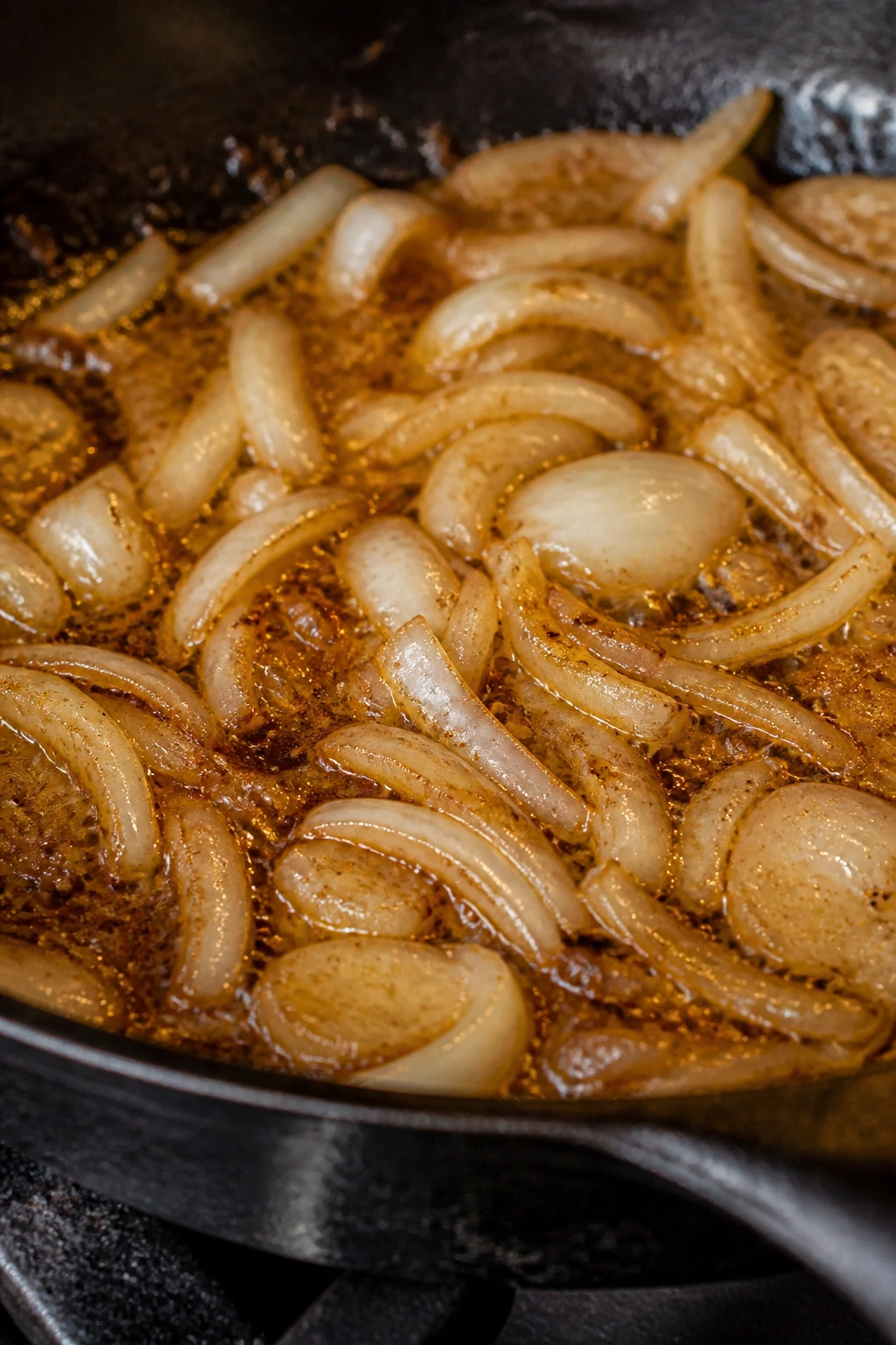 Close-up of onions sautéing in browned sausage fat in a cast-iron skillet