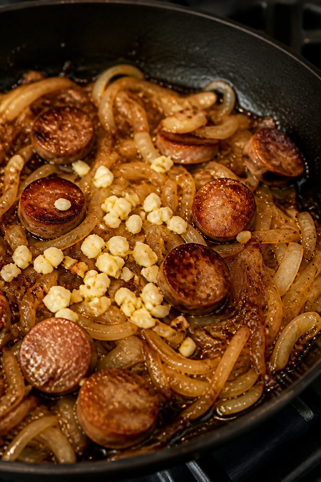 Onions and garlic sautéed with sausage in a skillet