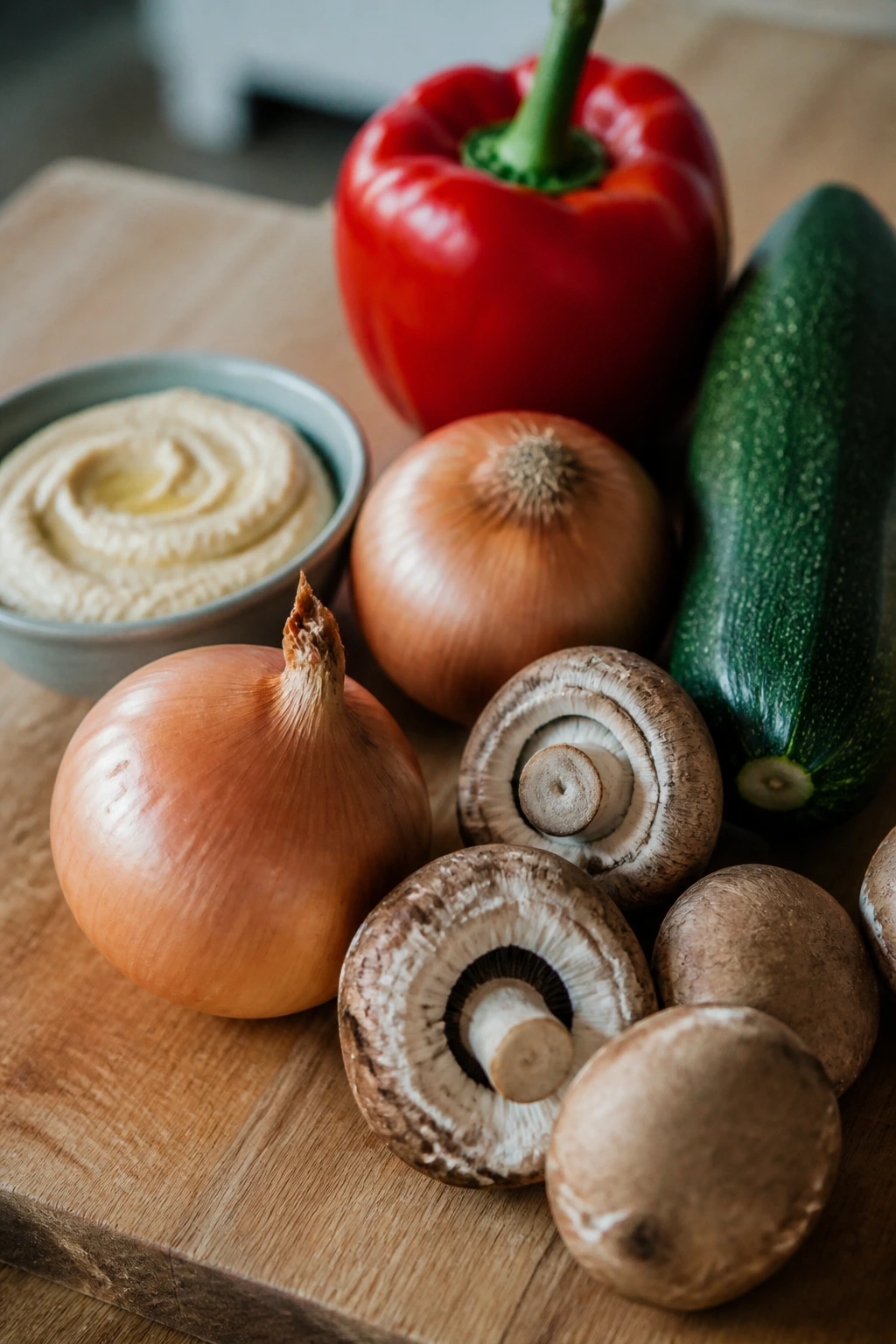 Still life of onions, mushrooms, pepper, zucchini and hummus on a wooden board.