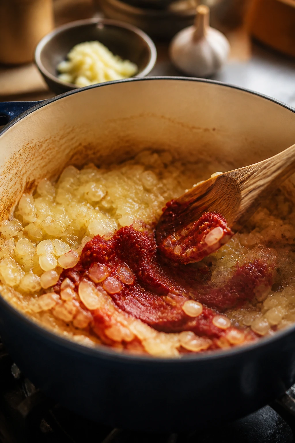 Onions translucent with tomato paste added to pan