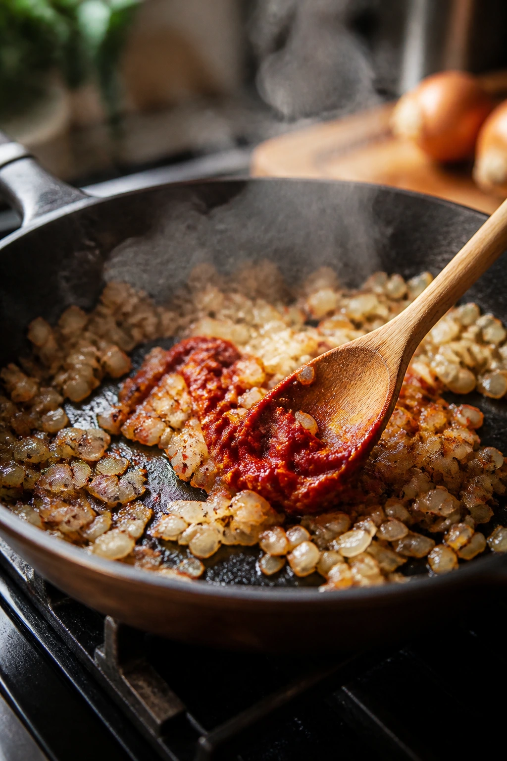 Sautéing onions with tomato paste in a skillet for flavor boosting.