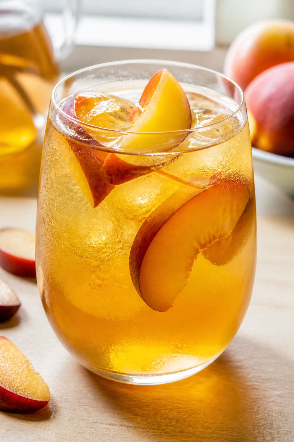 Glass of cold-brew oolong with nectarine slices in a bright kitchen