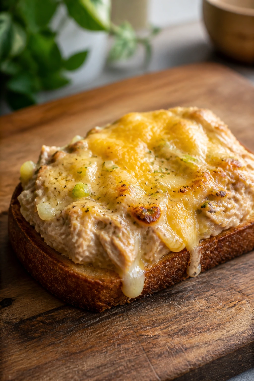 Close-up of open-faced tuna melts on toasted bread with tuna mayo and melted cheese