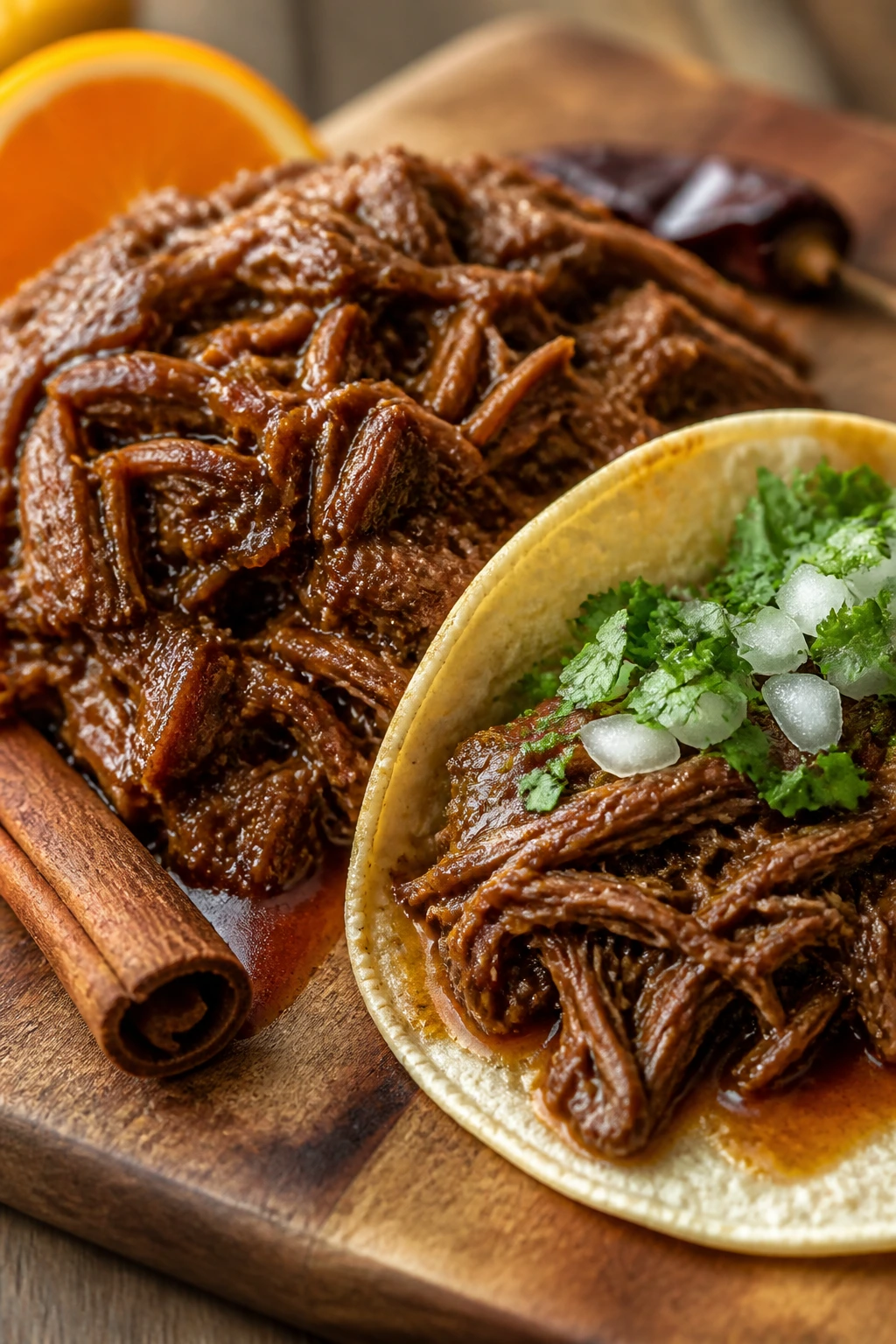 Shredded orange-ancho braised beef tacos on a wooden board