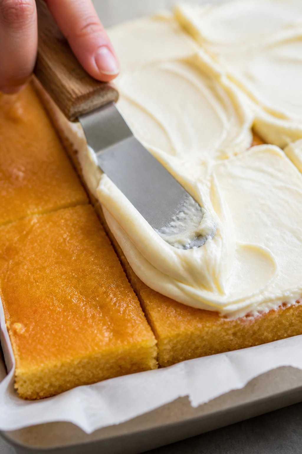 Cream cheese frosting spreading over cooled orange bars on a pan