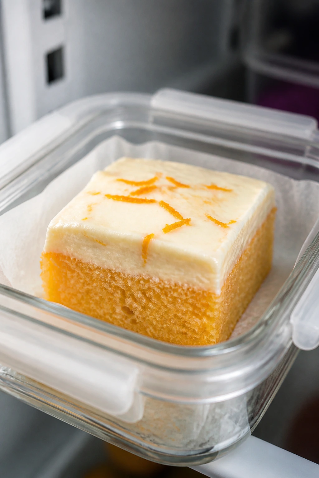 Close-up of an orange candy bar with cream cheese frosting in an airtight fridge container