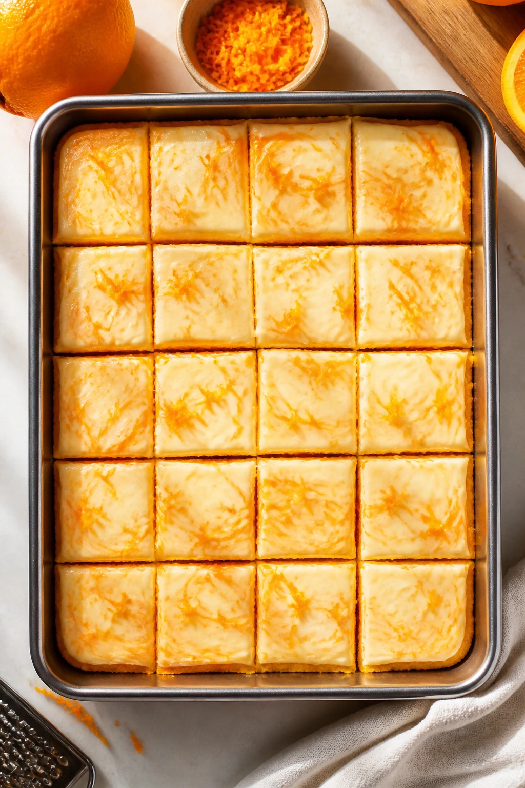 Top-down view of a pan full of orange candy bars
