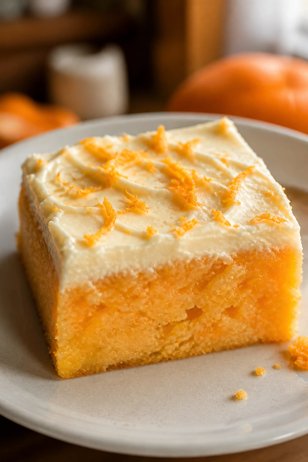 Close-up of a bright orange candy bar on a plate in a cozy kitchen
