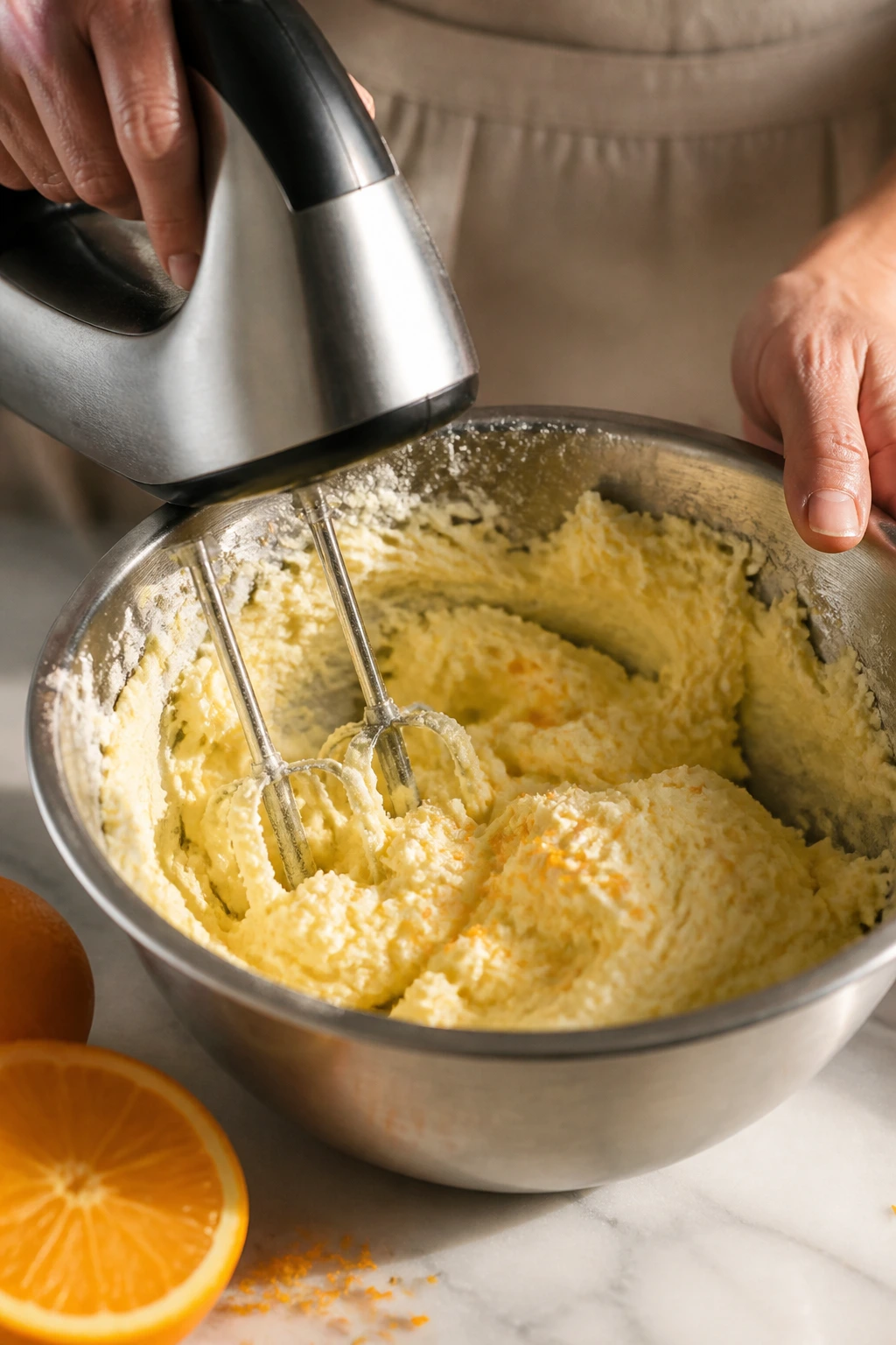 Close-up of hands creaming butter and sugar with orange zest in a bowl