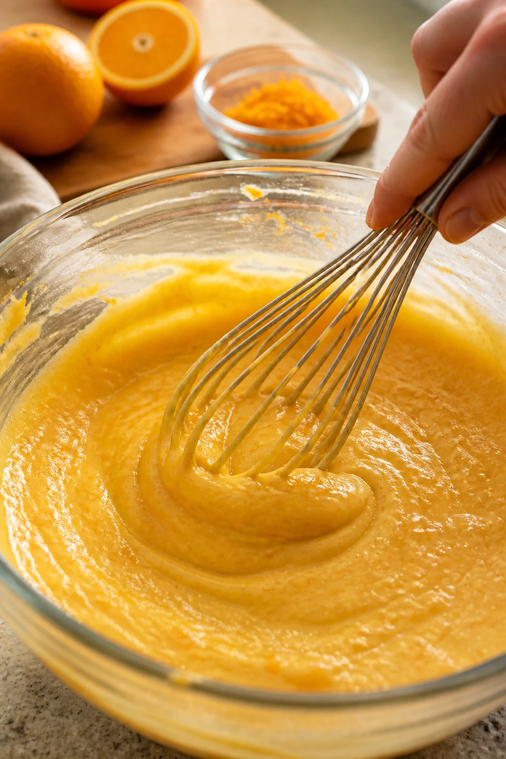Batter being whisked in a bowl with orange zest nearby