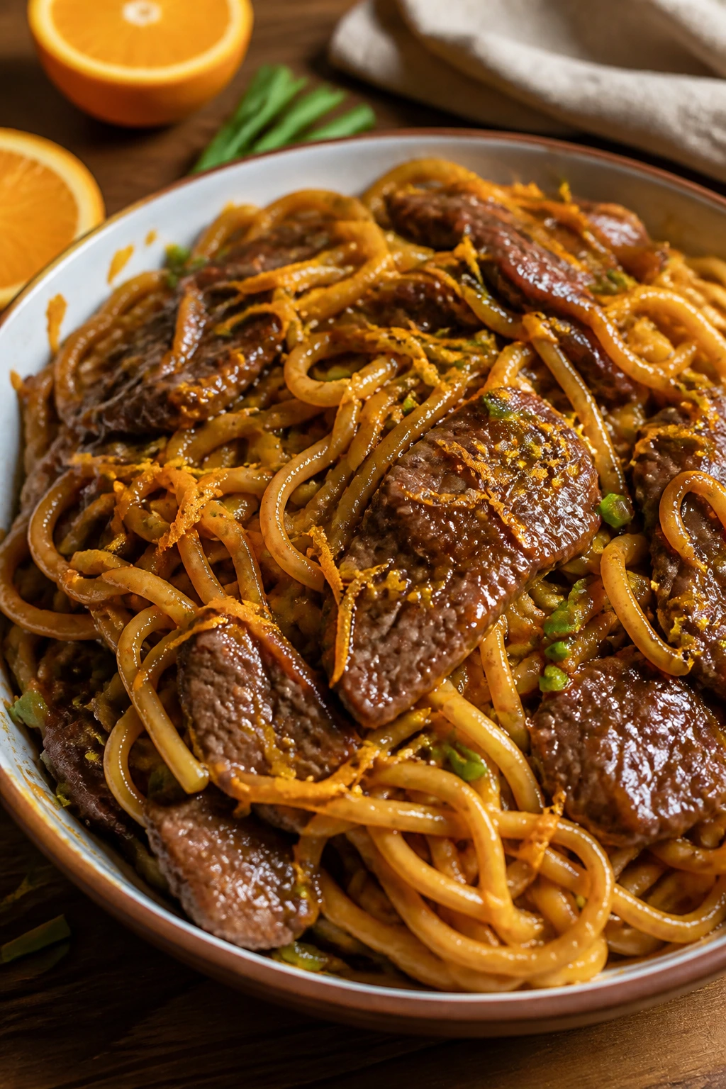 Close-up of Orange Beef Chow Mein with citrus glaze and beef