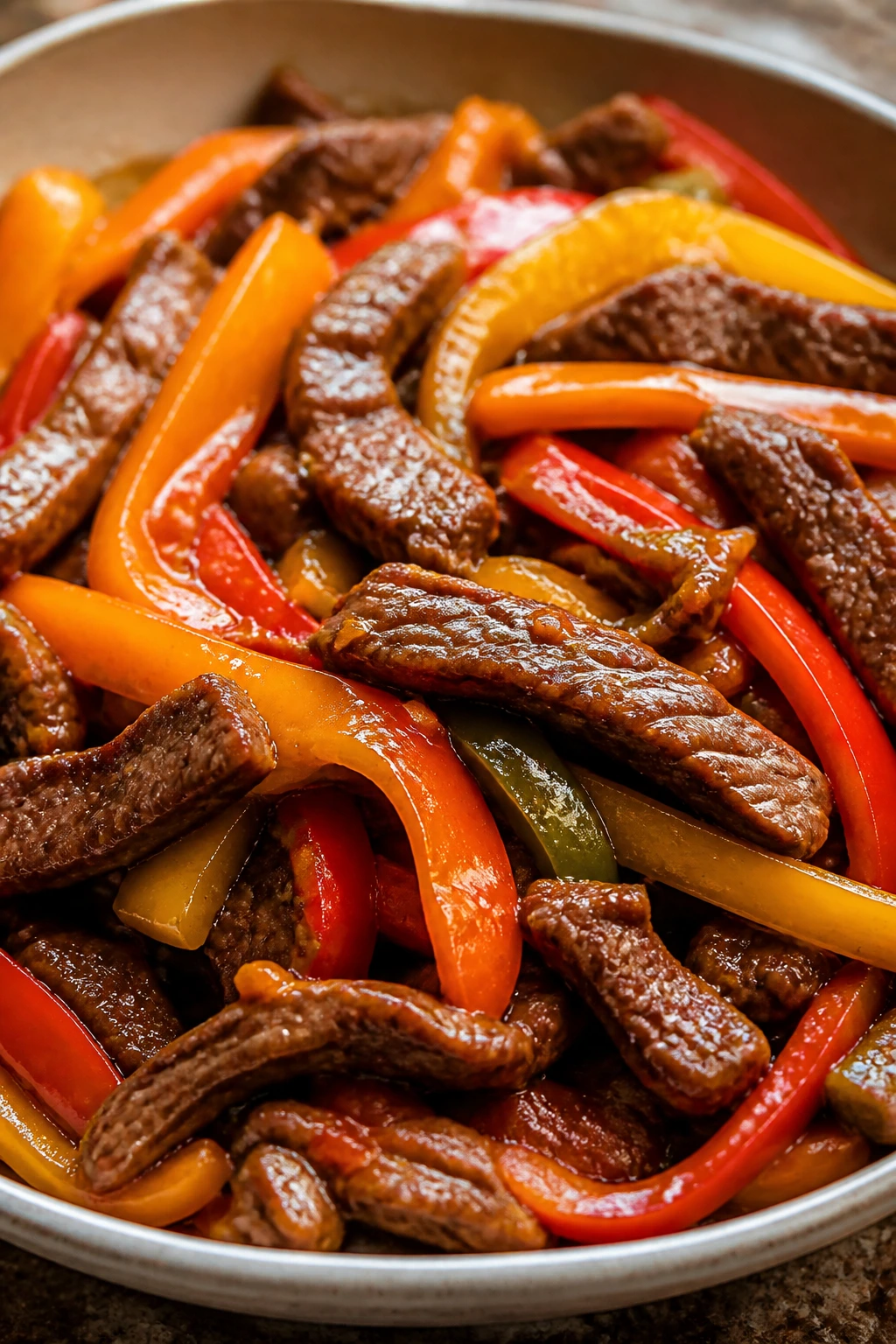 Close-up of orange beef and colorful peppers in glaze