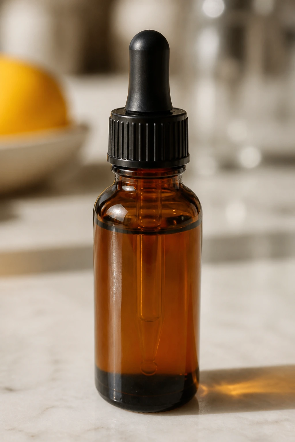 Amber orange bitters bottle on a clean counter