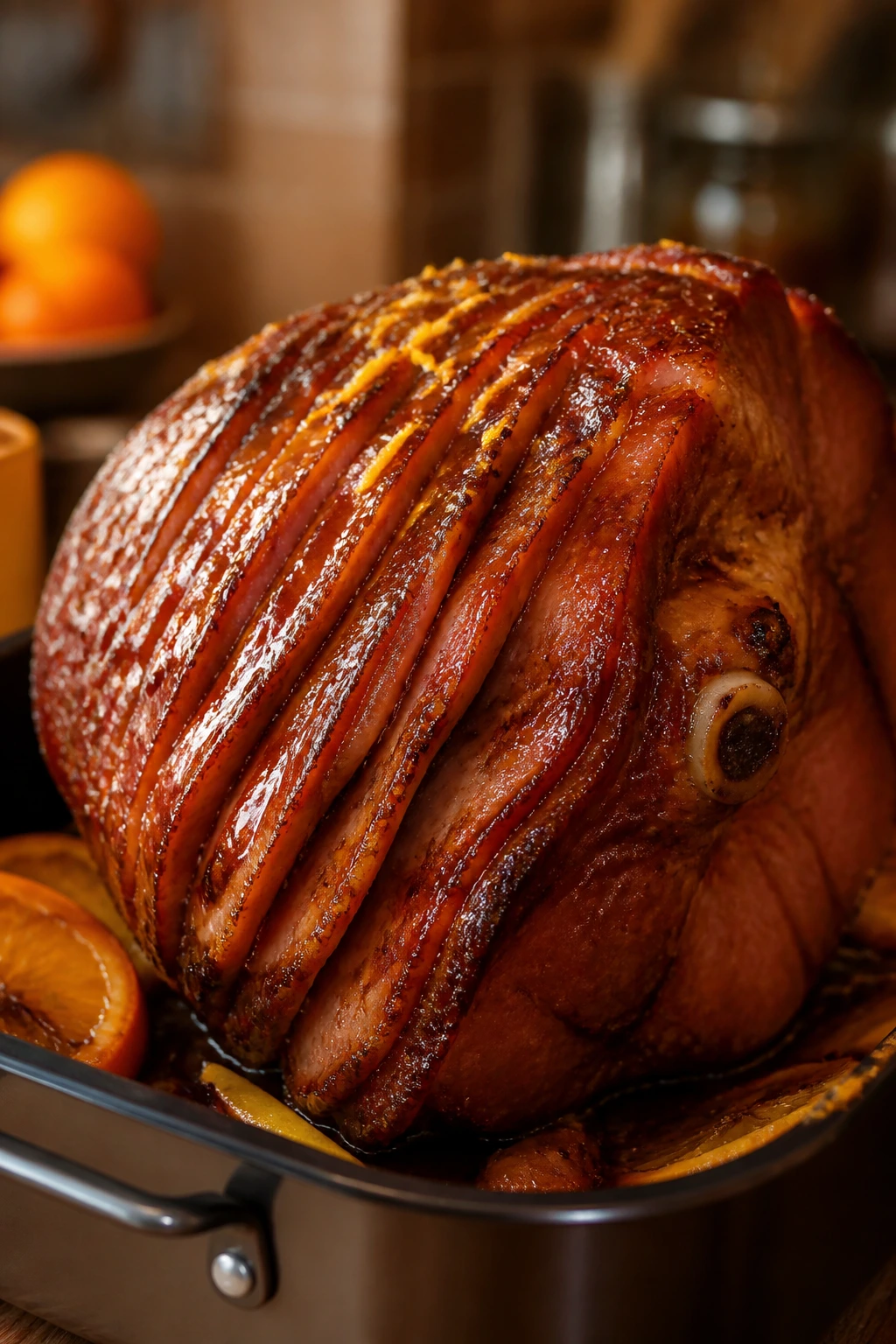 Close-up of amber-orange glazed ham on a wooden board in a warm kitchen