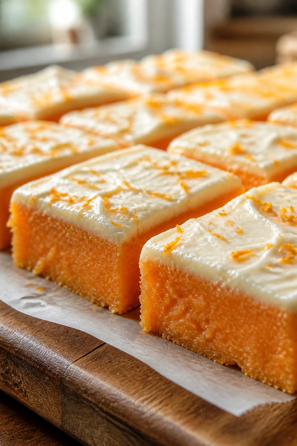 Close-up of glossy orange candy bars on parchment in a sunlit kitchen