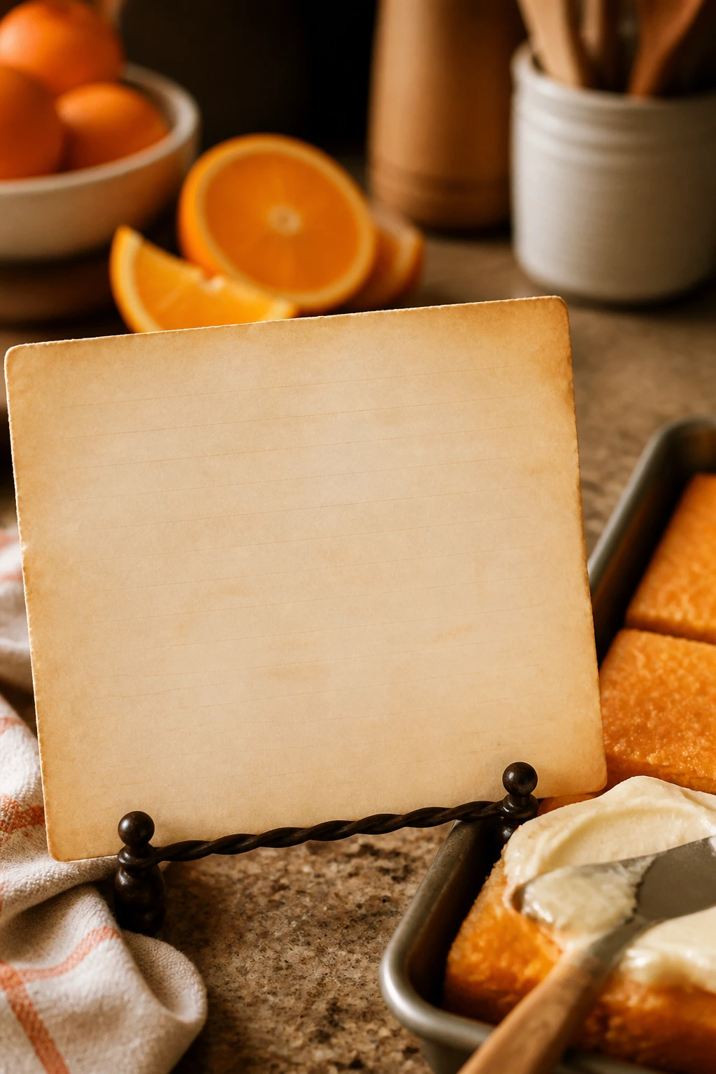 Close-up of a rustic recipe card beside orange bars on a kitchen counter