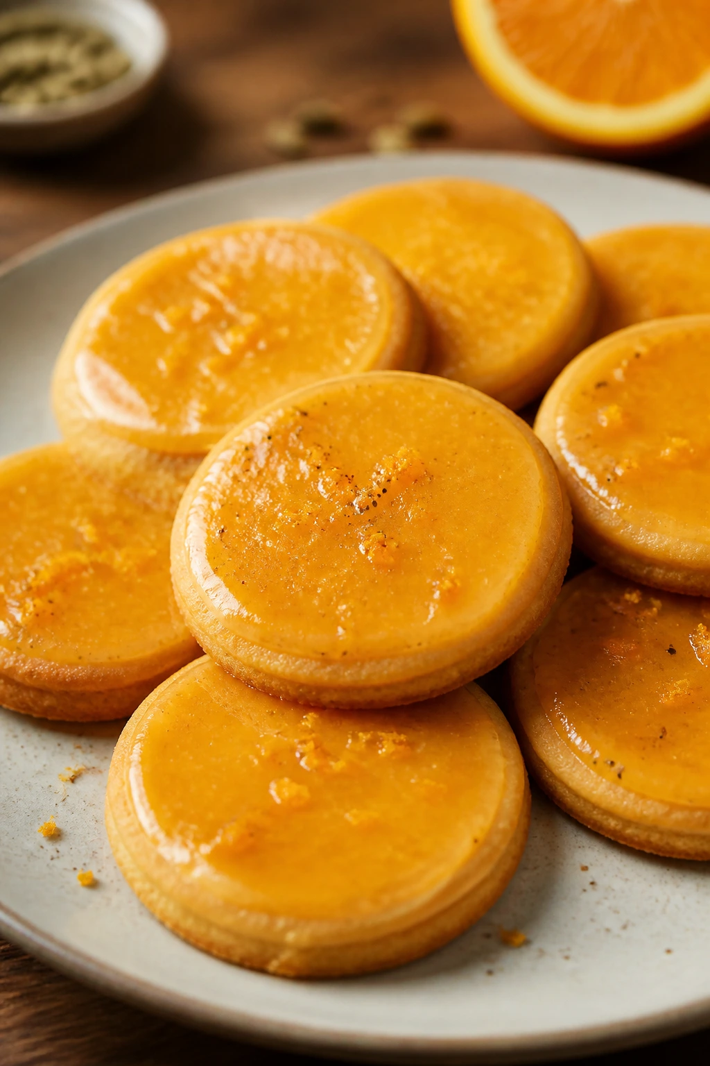 Close-up of orange-cardamom coin cookies on a plate with glaze.