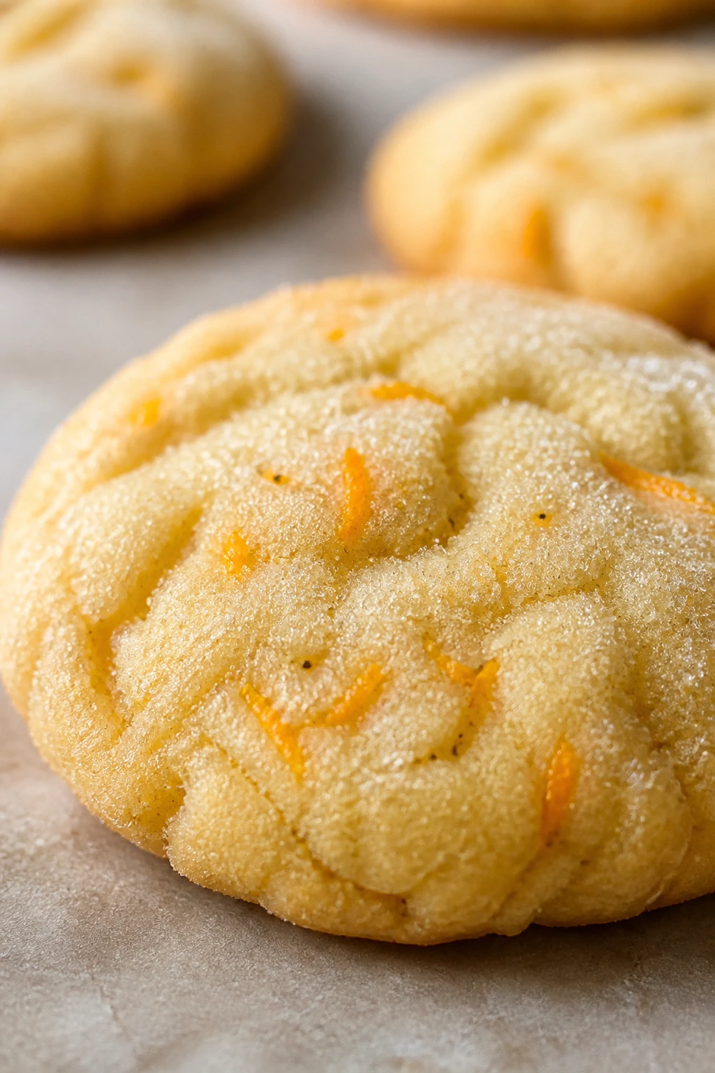 Close-up of an orange cardamom sugar drop cookie with visible zest.