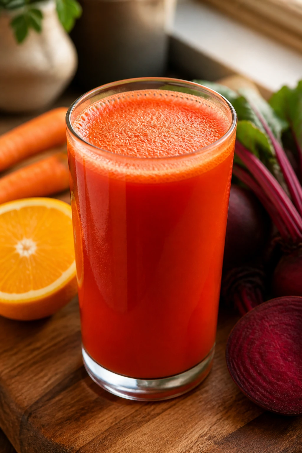 Orange carrot beet juice in a glass on a kitchen counter