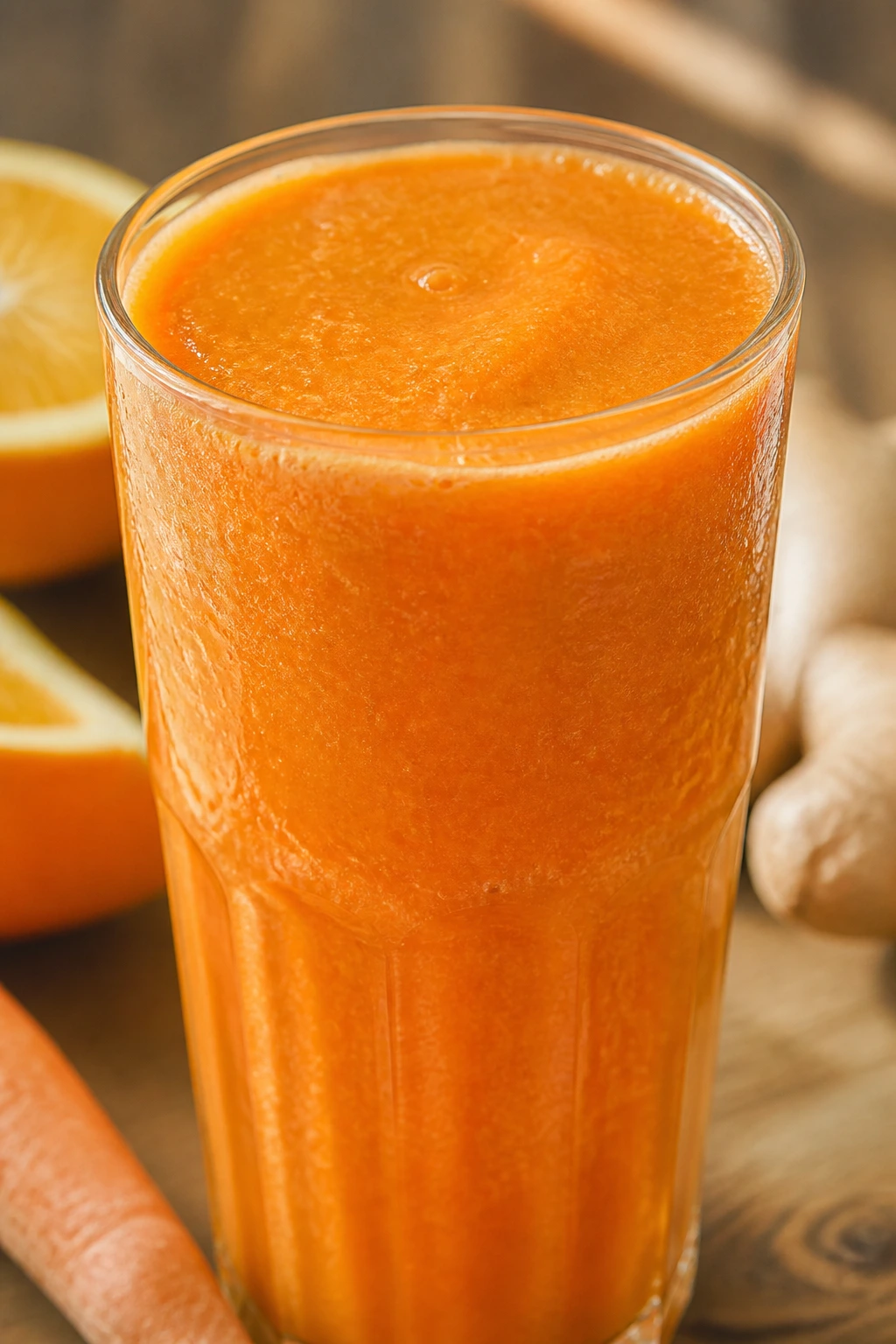 Bright orange carrot ginger smoothie in a glass on a sunny counter
